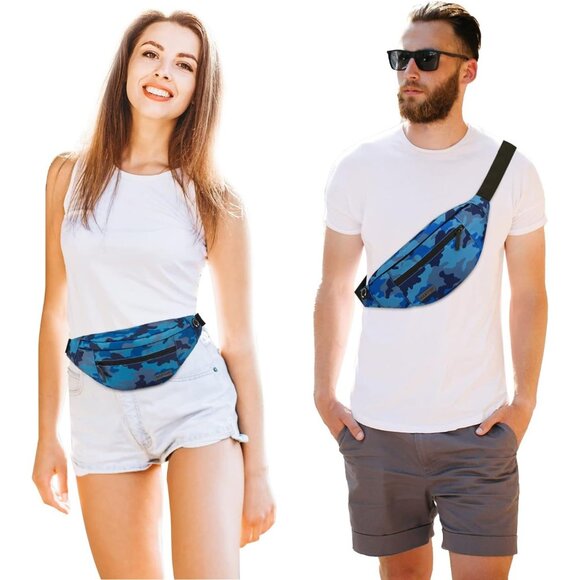 Women Men Camo Blue Large Crossbody Fanny Pack Belt Bag Hands-Free Waist Pack - Picture 2 of 7